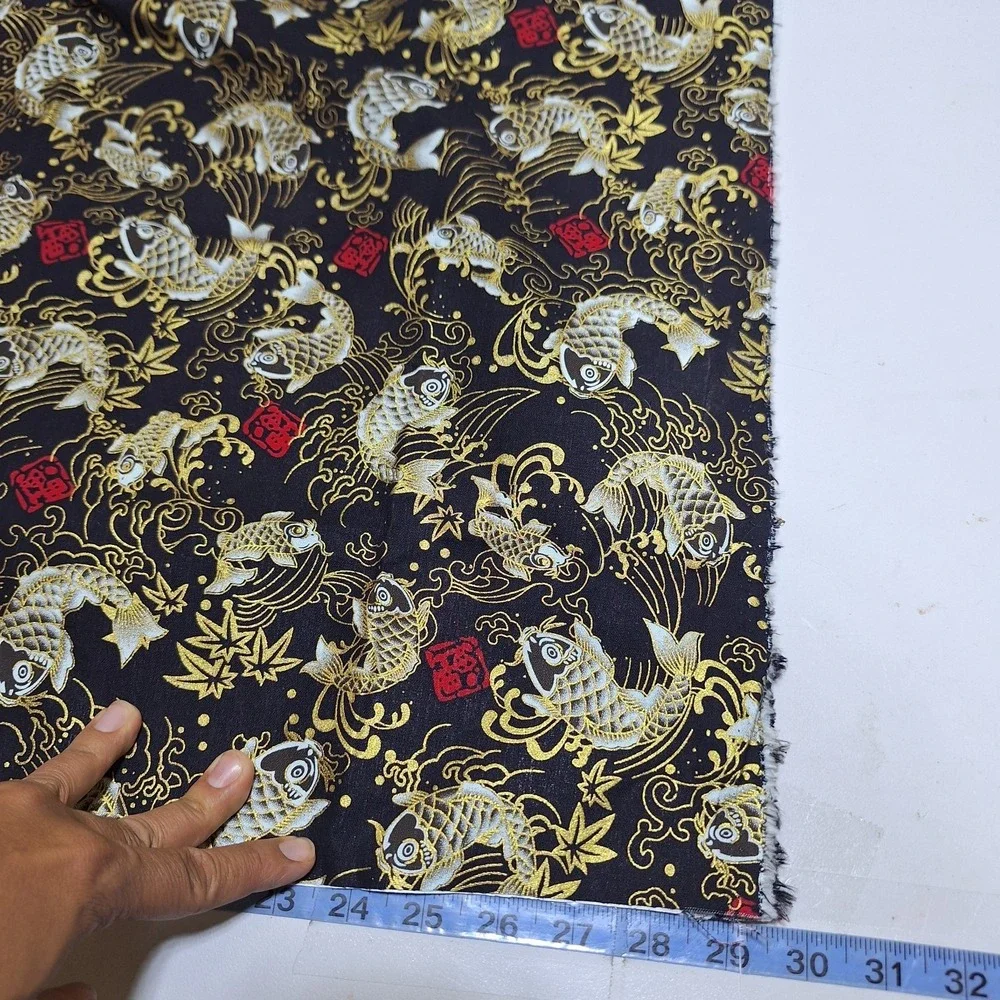 Black Gold Koi Fish Adhesive Fabric Lot 2 Fusible Iron-On Craft Pieces 29x14.5